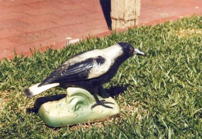 PHOTOGRAPH: PHOTOS OF POTTERY MAGPIE IN GARDEN AND NEXT TO PINK FLOWERS