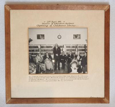 PHOTOGRAPH (FRAMED): DR T.L. ROBERTSON OPENING CHILDREN'S LIBRARY