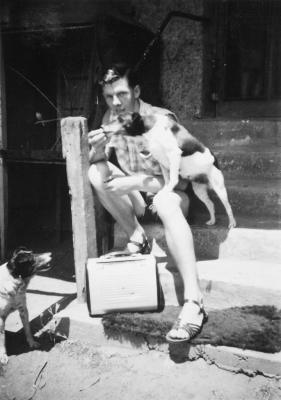 PHOTOGRAPH (DIGITAL): LEN WITH PORTABLE RADIO, SUBIACO 1954