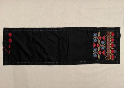 TABLE RUNNER: BLACK WITH RED, LIME GREEN AND BLUE EMBROIDERY, UNFINISHED, LIPFERT COLLECTION