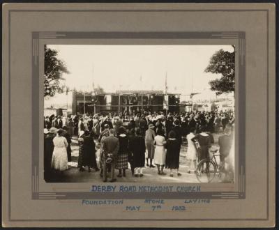 PHOTOGRAPH: LAYING FOUNDATION STONE OF DERBY ROAD METHODIST CHURCH, 1932