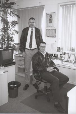 PHOTOGRAPH: ROSS GORTON AND EDDIE KING, HUMES OFFICE, WELSHPOOL