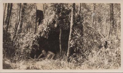 PHOTOGRAPH: SCOUT LYING IN BUSH SHELTER, SCOUTS BUSH CAMP