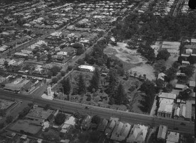 PHOTOGRAPH (DIGITAL): AERIAL VIEW OF SUBIACO, FALLEN SOILDERS MEMORIAL CLOCK TOWER AND MUNICIPAL GARDENS