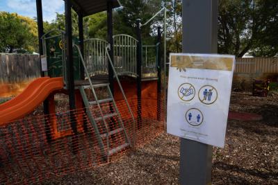 PHOTOGRAPH (DIGITAL): COVID 19 SIGNAGE AND BARRIERS, PLAYGROUND, JUNE 2020