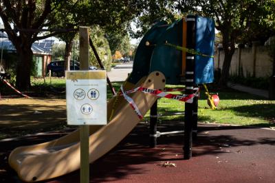 PHOTOGRAPH (DIGITAL): COVID 19 SIGNAGE AND BARRIERS, PLAYGROUND, JUNE 2020