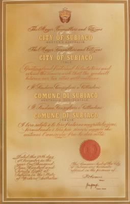 PHOTOGRAPH (COPY): SUBIACO CERTIFICATE, SISTER CITY