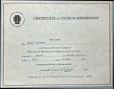 Certifcate of Church Membership, Metropolitan Community Church