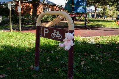 PHOTOGRAPH (DIGITAL): COVID 19 MESSAGES OF HOPE, TEDDY BEARS ON A BIKE RAIL, JUNE 2020