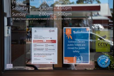 PHOTOGRAPH (DIGITAL): COVID 19 SIGNAGE, SUBIACO LIBRARY 237 ROKEBY ROAD, JUNE 2020