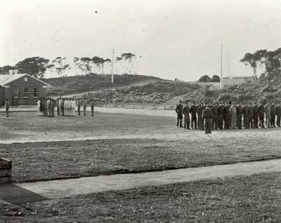 World War 2, Western Australia, Rottnest Island, Kingstown Barracks. Morning Parade. 6 Heavy Battery, Royal Australian Artillery and 5 Fortress Company, Royal Australian Engineers