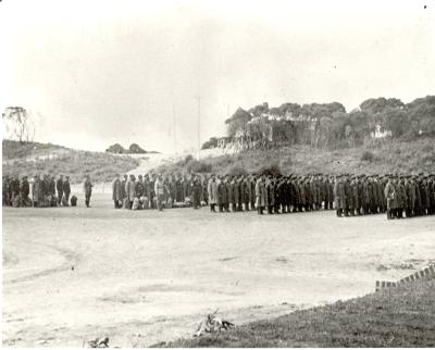 World War 2, Western Australia, Rottnest Island, Kingstown Barracks. Parade with 3 Heavy Brigade Royal Australian Artillery and 35 Fortress Company, Royal Australian Engineers, 1939