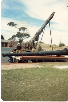 Post 1945, Western Australia, Rottnest Island, Kingstown Barracks, Emplacing recovered 6 inch gun barrel for display