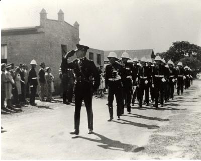 Inter War, Western Australia, Rottnest Island. Settlement, Hay Store/Museum. Anzac Day Marchpast 6 Heavy Battery, Royal Australian Artillery and 5 Fortress Company Royal Australian Engineers, 1938 Captain CALDER