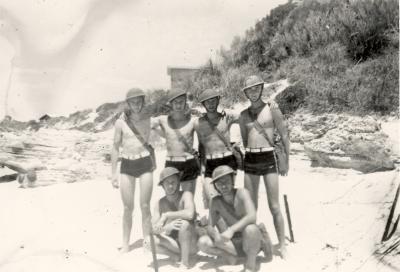 World war 2, Western Australia, Rottnest Island. Thomson Bay/Kingstown Searchlight Post. Informal bathing group.