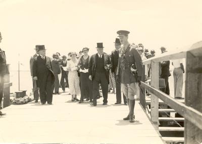 Inter War, Western Australia, Rottnest Island. Army Jetty, Vice Regal party for Vlaming Memorial opening, 1935