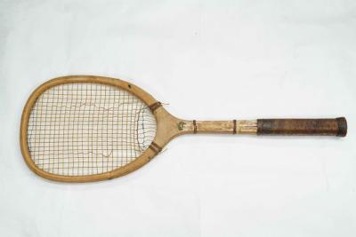 TENNIS RACQUET: WOODEN, FLAT OVAL SHAPE