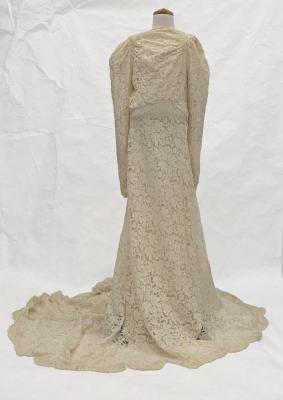 DRESS: WEDDING GOWN, CREAM LACE WITH GIRDLE AND SILK SLIP