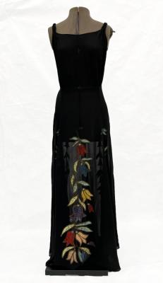 DRESS: EVENING, BLACK WITH FLORAL APPLIQUE