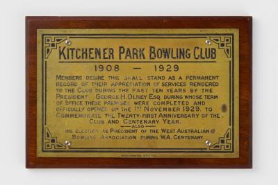 PLAQUE: KITCHENER PARK BOWLING CLUB, GEORGE OLNEY, 1929