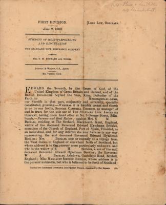 SUMMONS AND CITATION, STANDARD LIFE ASSURANCE CO AGANST MRS S M BECKLES