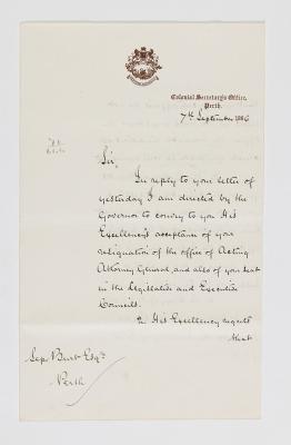LETTER, ACKNOWLEDGING SEPTIMUS BURT'S RESIGNATION, EXECUTIVE COUNCIL AND LEGISLATIVE COUNCIL