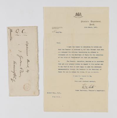 LETTER, PREMIER'S DEPARTMENT TO SEPTIMUS BURT