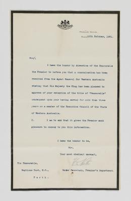 LETTER, PREMIER'S DEPARTMENT TO SEPTIMUS BURT RE TITLE