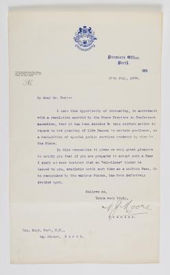 LETTER, PREMIER'S OFFICE TO SEPTIMUS BURT, RE LIFE RAILWAY PASS