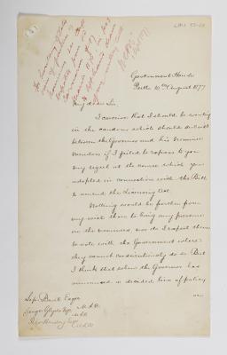 LETTERS, BETWEEN GOVERNOR ROBINSON, S BURT, G GLYDE AND R HARDEY RE PROPOSED 1877 AMENDMENT TO THE WINES, BEER & SPIRIT SALE ACT 1872