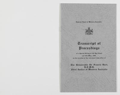 COMMEMORATIVE BOOKLET, RETIREMENT OF SIR FRANCIS BURT, SPECIAL SITTING OF FULL COURT, TRANSCRIPT OF PROCEEDINGS