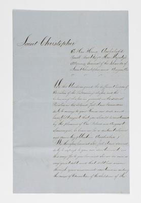 LETTER, TESTIMONIAL FROM HEADS OF FAMILIES OF LABOURING CLASSES OF ST CHRISTOPHER [ST KITTS] TO ARCHIBALD PAULL BURT, WITHOUT ENDORSEMENT