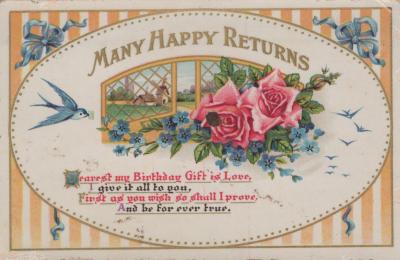 POSTCARD: BIRTHDAY, 'MANY HAPPY RETURNS', FLOWERS AND BLUEBIRD