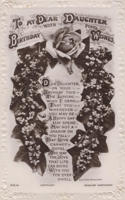 POSTCARD: BIRTHDAY, 'TO MY DEAR DAUGHTER' LILLIAN DENNIS