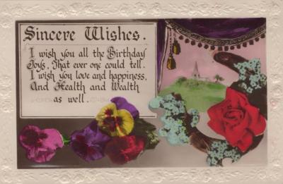 POSTCARD: BIRTHDAY, FLORAL, FROM JIM DENNIS TO HIS MOTHER