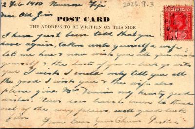POSTCARD: FIJI - TO JAMES DENNIS - 'CIVILISED FIJIAN'
