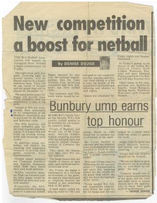 Newspaper Clipping (Digital Copy), New competition a boost for netball / Bunbury ump earns top honour