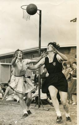 Photograph: Lyn Fuller and Elsie Franich, Action, Matthews Basket Ball Centre