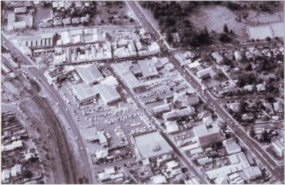 AERIAL VIEW OF CLAREMONT BUSINESS DISTRICT IN THE 1980'S