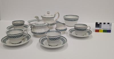 TOY: PORCELAIN TEA SET, GREEN AND WHITE