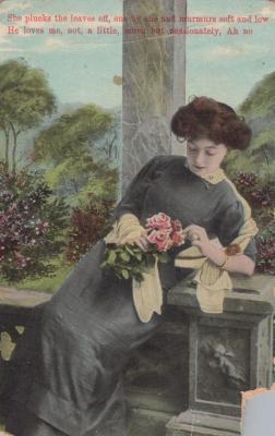 POSTCARD: YOUNG LADY PLUCKING ROSE PETALS.
