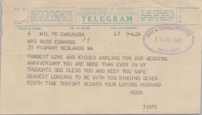 TELEGRAM: TO ALICE EDWARDS, NEDLANDS, ONE OF THREE TELEGRAMS, 25 JULY 1945