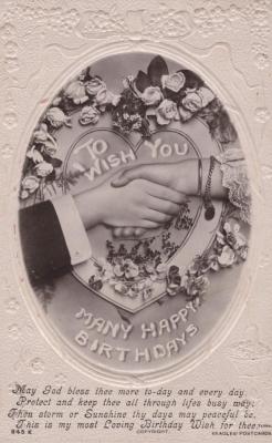 POSTCARD: HANDSHAKE 'TO WISH YOU MANY HAPPY BIRTHDAYS'