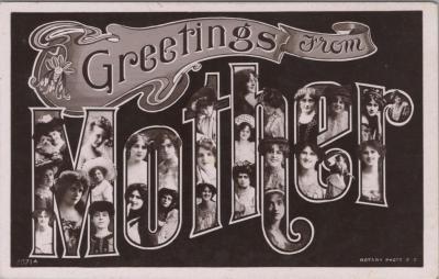 POSTCARD: 'GREETINGS FROM MOTHER' BLACK AND WHITE LADY FACES