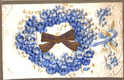 POSTCARD: BIRTHDAY, BLUE EMBOSSED FLORAL WREATH