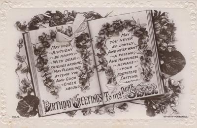 POSTCARD: TO LILLIAN DENNIS, 'BIRTHDAY GREETINGS TO MY DEAR SISTER'