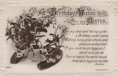 POSTCARD: LILLIAN DENNIS, 'BIRTHDAY WISHES TO MY SISTER'