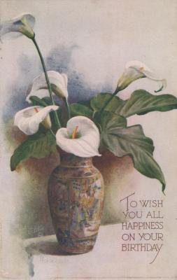 POSTCARD: BIRTHDAY, LILLIES IN DECORATIVE VASE
