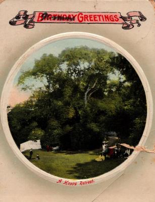 POSTCARD: TO DENNIS, JIM, 'BIRTHDAY GREETINGS', 'A HAPPY RETREAT'