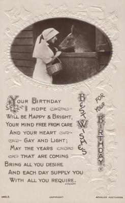 POSTCARD: BIRTHDAY, LADY WITH HORSE AND BIRTHDAY POEM